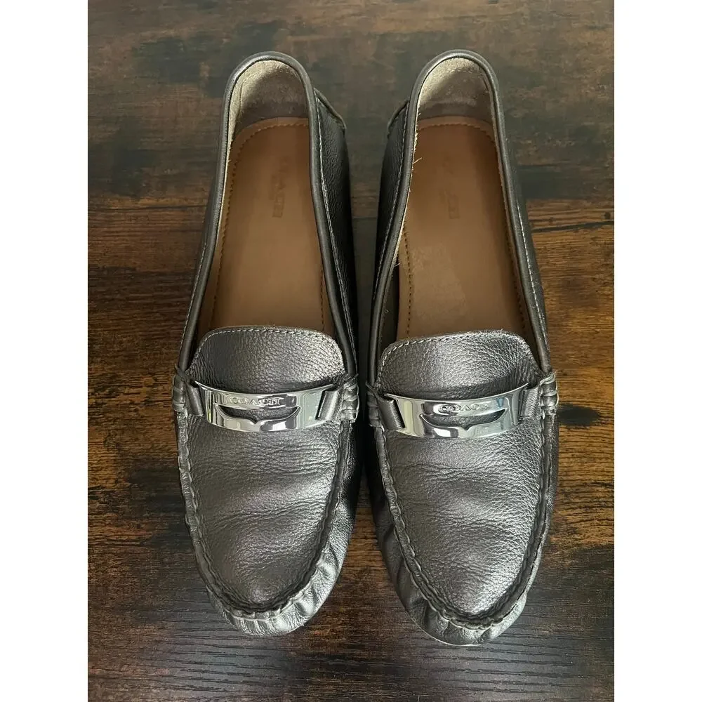 Coach Nola Driving Loafers Gunmetal Metallic Leather Flats Women’s 8.5 Old Money